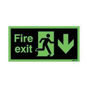 Safety Sign Niteglo Fire Exit Running Man Arrow Down Self-Adhesive 150x450mm NG28A/S