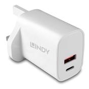 Lindy 20W USB &amp; USB-C Fast Charger Power Adapter with Power Delivery 3.0, 3A Dual Port Wall Charger, White