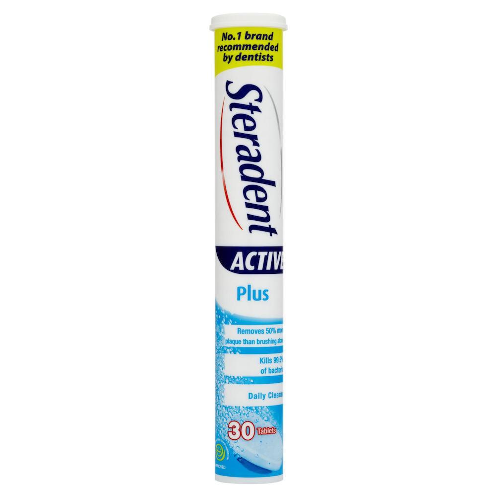 Steradent Active Plus Denture Cleanser 30 Tablets - Removes Plaque, Kills Bacteria, Mint Fresh
