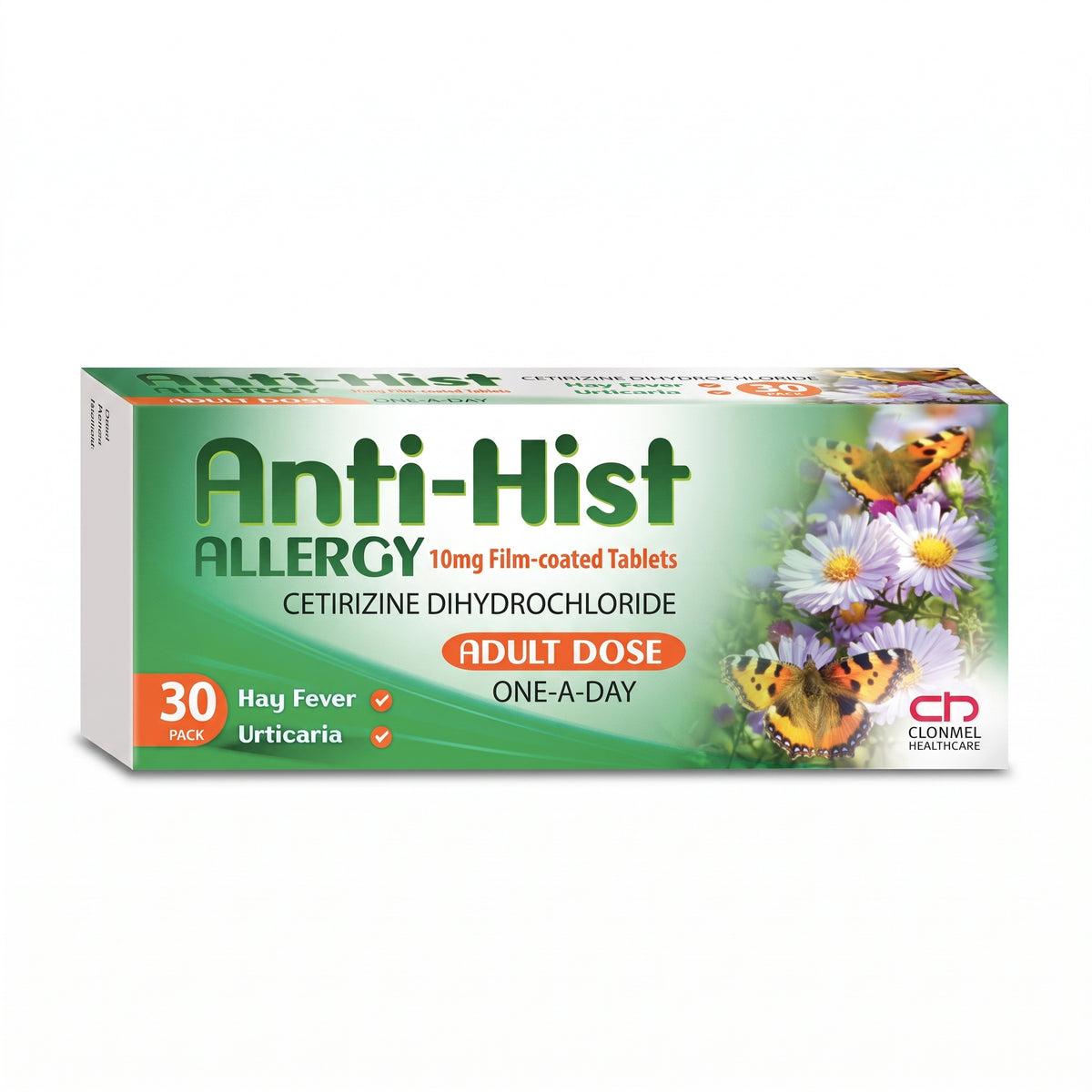 Anti-Hist Allergy Cetirizine Dihydrochloride 10mg Film-coated Tablets for Hay Fever & Urticaria, 30 Count, Adult Dose, One-A-Day, Butterflies & Flowers