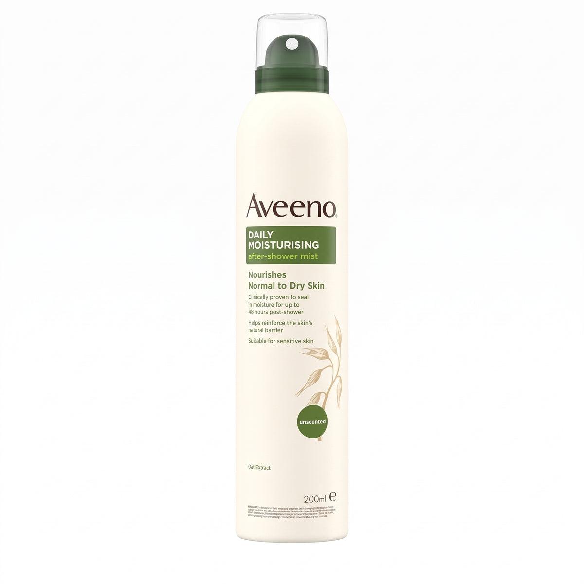 Aveeno Daily Moisturising After-Shower Mist 200ml - Nourishes Normal to Dry Skin, Clinically proven to seal in moisture for up to 48 hours, Suitable for sensitive skin, Unscented