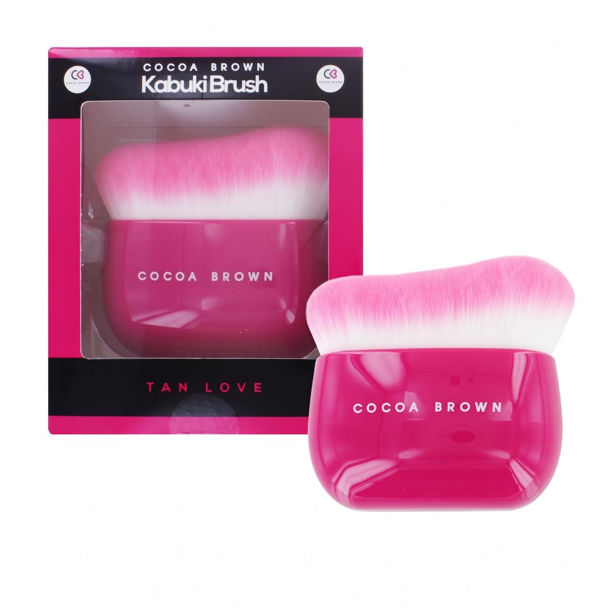 Cocoa Brown Kabuki Brush for flawless tan application. Features: Pink, Brush, Tan Love. 