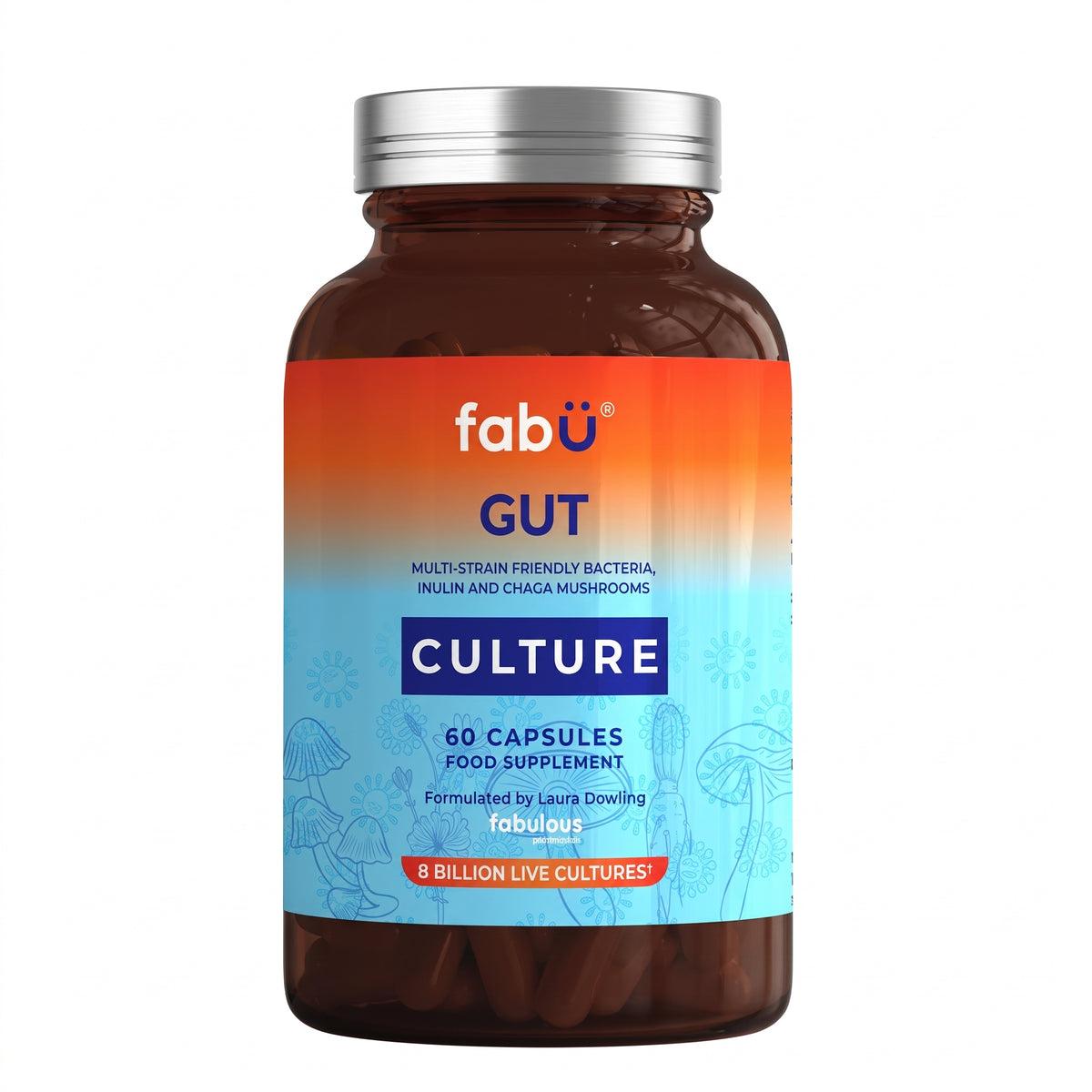 FabU Gut Culture 60 Capsules - Multi-strain Bacteria, Inulin & Chaga Mushrooms - 8 Billion Live Cultures
