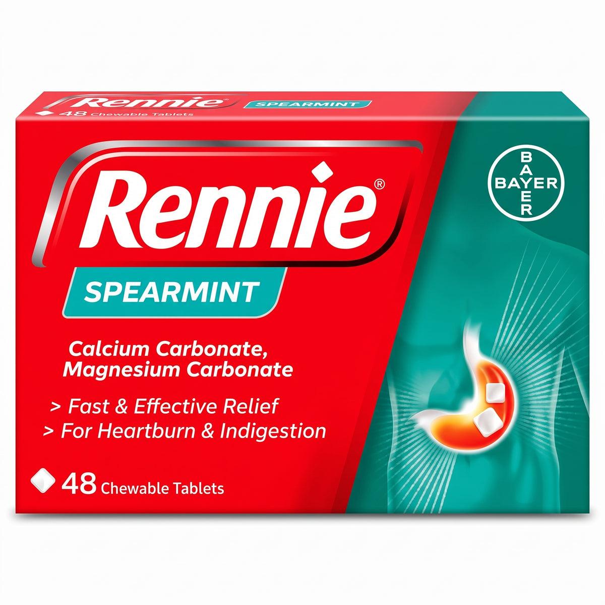 Rennie Spearmint 48 Chewable Tablets for Fast Relief from Indigestion and Heartburn