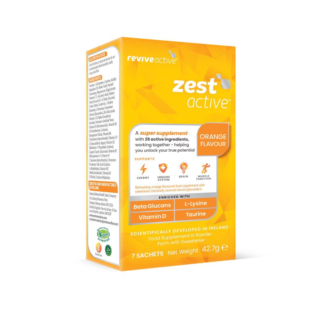 Revive Active Zest Active Super Supplement 7 Pack with 25 Active Ingredients for Energy, Immune System, Brain & Muscle Function. Ingredients: Wellmune, L-Lysine, L-Theanine, Taurine. Image Features: Easily Absorbed, Orange Flavoured