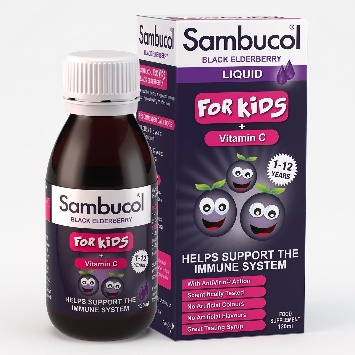 Sambucol Liquid For Kids with Vitamin C, Black Elderberry, 1-12 Years, 120ml, Helps Support the Immune System, Image Features: Vitamin C, 1-12 Years, Liquid, Black Elderberry
