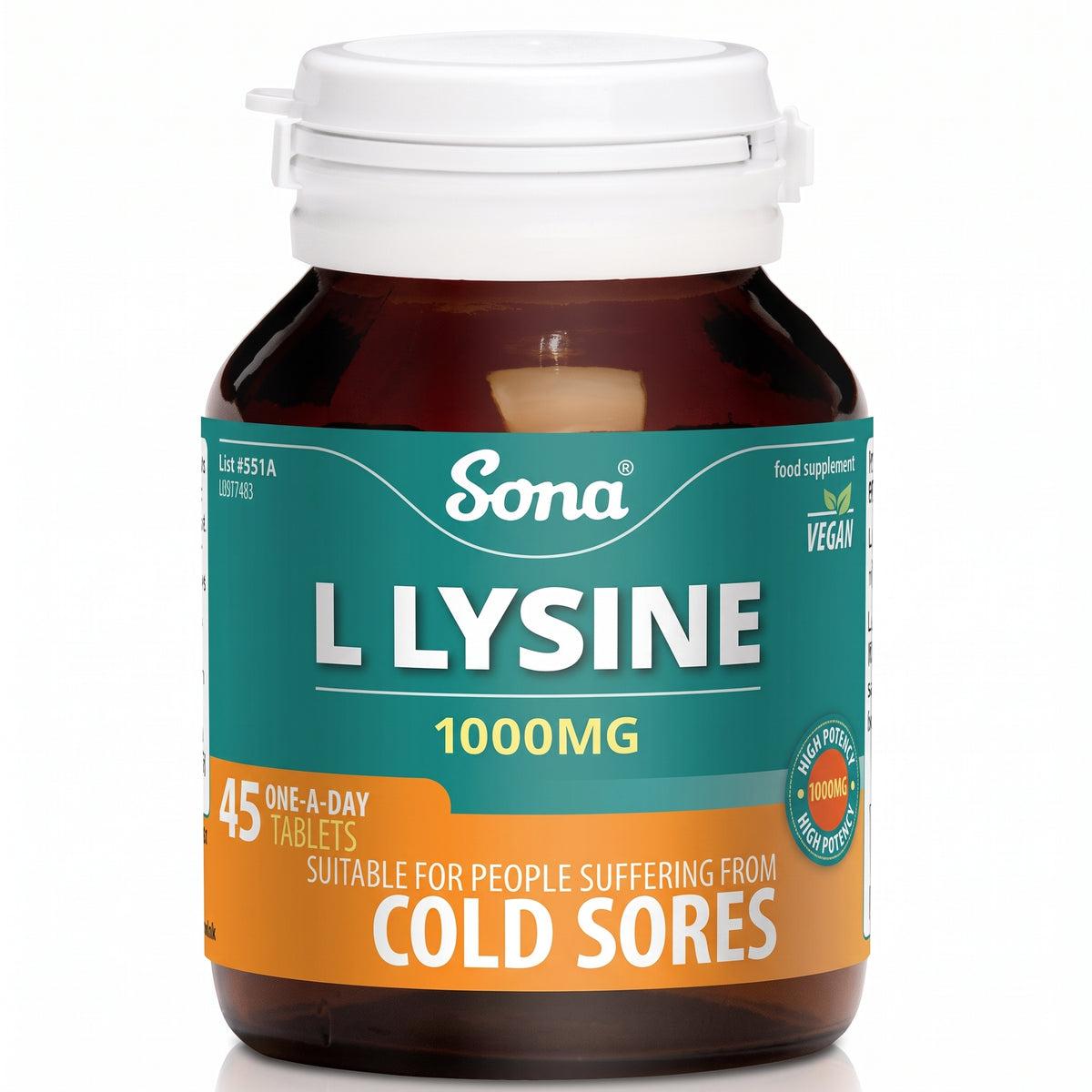 Sona L Lysine 1000mg 45 Tablets - Helps fight cold sores, Vegan, High Potency