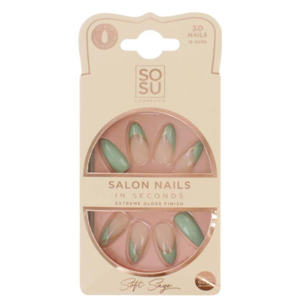 Sosu False Nails Soft Sage French Tip Gloss Finish 30 Nails Almond Shape