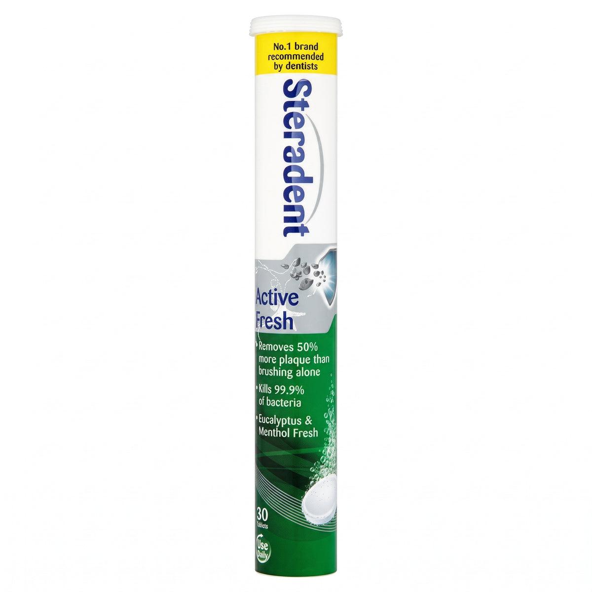 Steradent Active Fresh Denture Cleanser Tablets - Removes Plaque, Kills Bacteria, Eucalyptus & Menthol Fresh, 30 Tablets