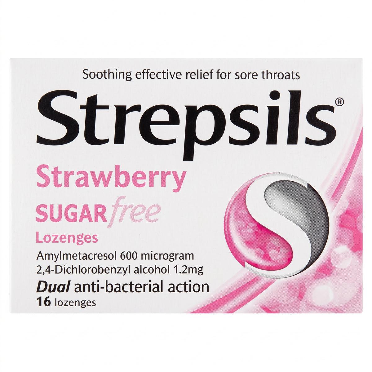 Strepsils Strawberry Lozenges Sugar Free for Sore Throat Relief - 16 Lozenges