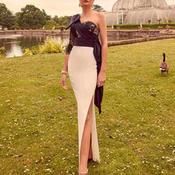 Veni Infantino One Shoulder Bow High Slit Long Dress, Ivory &amp; Black