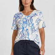 Barbara Lebek Floral Outline V Neck T-Shirt, Cream and Blue image