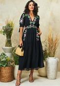 Hope &amp; Ivy April Embroidered Tie Sleeve V-Neck Midi Dress, Black image