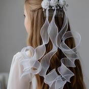 Little People Floral Ribbon Communion Headpiece, White image