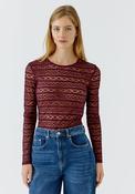 Oui Long Sleeve Lace Mesh Top, Wine image