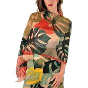 Powder Linen Blend Exotic Leaves Scarf, Beige