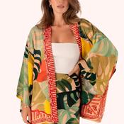 Powder One Size Exotic Leaves Kimono Jacket, Green Multi