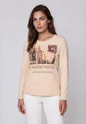 Rabe Fashionista Graphic Print with Rhinestone Detail Top, Beige Multi image