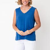Dolcezza Linen V Neck Button Back Top, Blue image