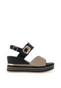 Donna Serena Leather Velcro Strap Colour Block Wedge Sandals, Black image