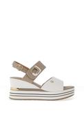 Donna Serena Leather Velcro Strap Colour Block Wedge Sandals, Beige image