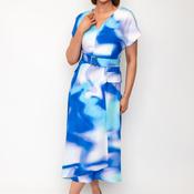 Ella Boo Watercolour Print V Neck Belted Aline Dress, Blue
