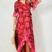 Hope &amp; Ivy Celestine Contrast Frill Maxi Wrap Dress, Red Multi image