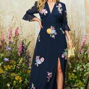 Hope &amp; Ivy Kyra Embroidered Slit Detail Maxi Dress, Navy