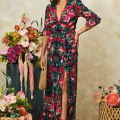 Hope &amp; Ivy Jemma Floral Thigh Split Open Back Dress, Navy &amp; Red image