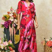 Hope &amp; Ivy Rosanna Floral Stripe Wrap Maxi Dress, Pink and Red image