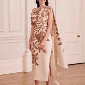 John Charles Floral One Shoulder Cape Dress, Brown &amp; Cream image