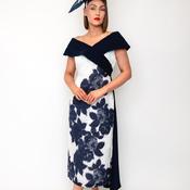 Lizabella Jacqaurd Floral Pencil Cape Skirt Dress, Navy &amp; White