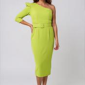 Moncho Heredia One Shoulder Belted Pencil Dress, Olive