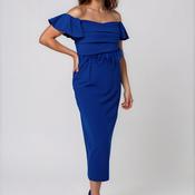 Mocho Heredia Feather Trim Bardot Pencil Dress, Royal Blue