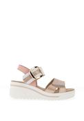 Redz Leather Geo Buckle Wedge Sandals, Rose Gold image