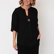 Serafina Linen with Button Detail Top, Black