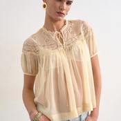 TOPSHOP Layla Short Sleeve Mesh and Lace Top, Cream