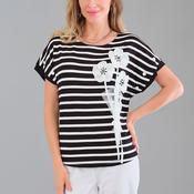 Tricotto Striped 3D Flower with Detail T-Shirt, Black Multi