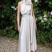 Maisonel High Neck Corsage Long Dress, Oyster Beige
