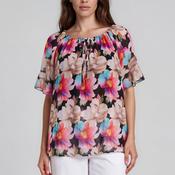 Serafina Collection Floral Print Elastic Neck Top, Black Multi