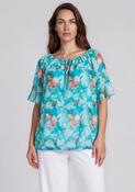 Serafina Collection Floral Print Elastic Neck Top, Teal Blue image