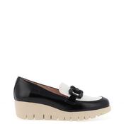 Wonders Patent Buckle Wedge Loafers, Black and White