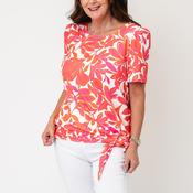 YEW Floral Print with Tie Detail Top, Pink and Orange