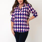 Yew Abstract Houndstooth Print Half Button Top, Blue &amp; Pink image