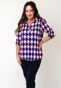 Yew Abstract Houndstooth Print Half Button Top, Blue &amp; Pink image