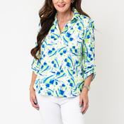 YEW Button Up Abstract Print Top, Green Multi