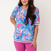 YEW Abstract Print with Trim Detail Top, Blue Multi