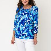 YEW Printed Cowl Neck Top, Blue and Green