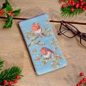 Festive Robin Velvet Glasses Case with Embroidery and Beads image