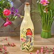 Garden Birds Hand Painted Robin &amp; Flowers Frosted Glass Bottle